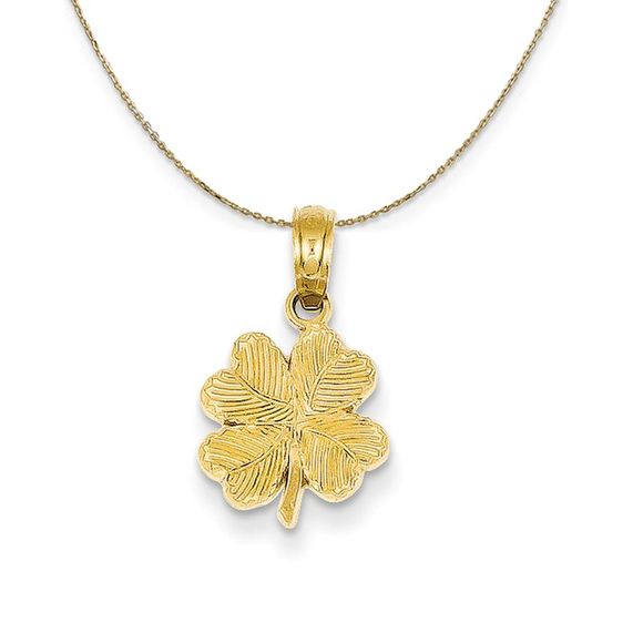 14k Yellow Gold Textured Four Leaf Clover Necklace - 16 Inch